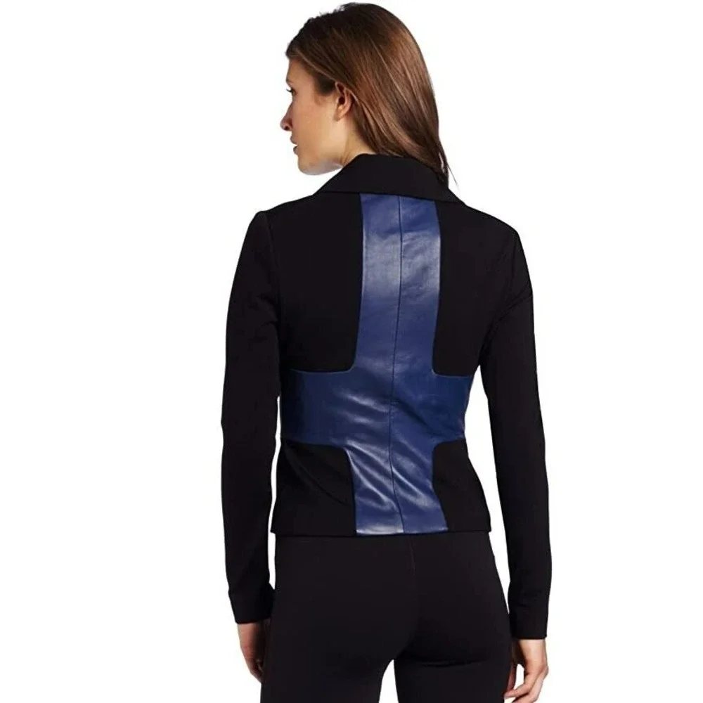 ROBERT RODRIGUEZ  SCUBA NAVY LEATHER COLORBLOCK MOTO JACKET SKIRT SUIT SET 2/4